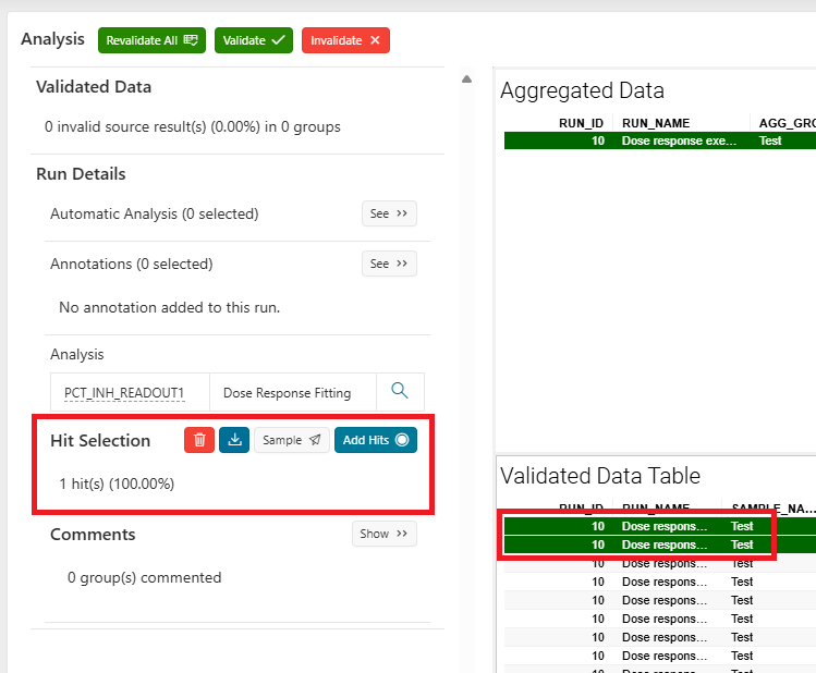 Select hit in sample analysis screenshot Select hit in sample analysis
